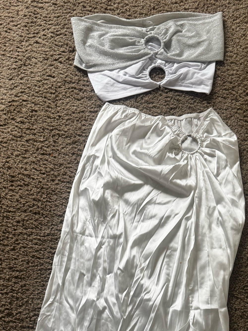 White Satin Two-Piece Set with Ring Detail